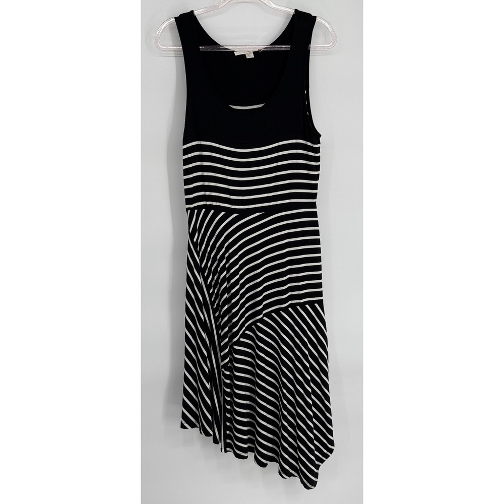 Boston Proper Womens Black White Striped Asymmetrical Handkerchief Dress Sz M